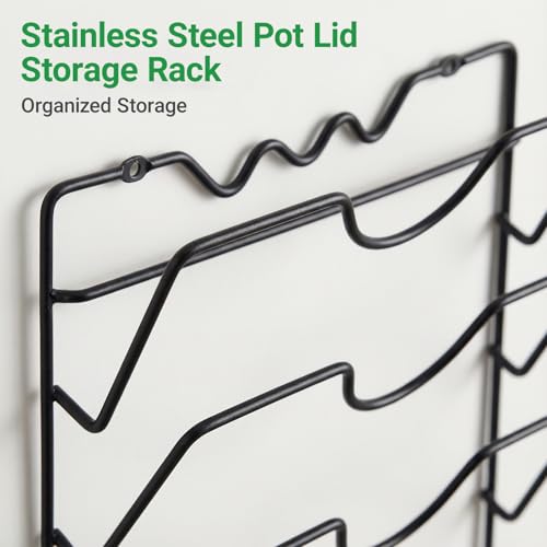 5-Tier Stainless Steel Pot Lid Organizer for Cabinet Door & Wall, Heavy-Duty Lid Storage Rack with 2 Installation Methods, Space-Saving Holder for Pots, Pans & Woks,Fits Small Kitchens