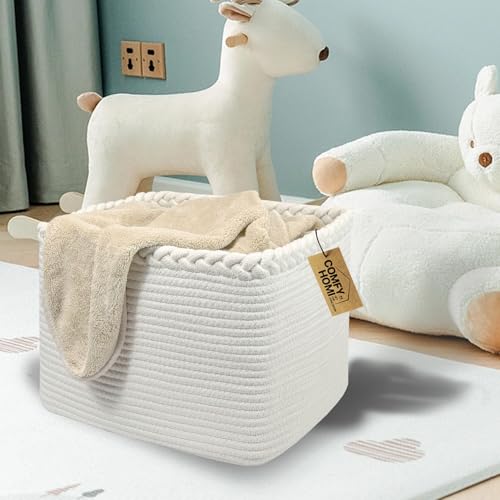 COMFY-HOMI Square Woven Cotton Rope Basket for Organizing, Gift Baskets for Handles, Empty Gift Baskets, Toy Basket for bins|13.5" x 11" x 9.5" home decor for Living Room, Bathroom - color: White, size: 13.5"X11"X9.5"