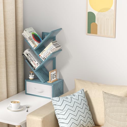 SHEEPAM Small Book Shelf with Drawer,4 Tier Black Tree Bookshelf,Blue Desktop Bookcase,Modern Desk Display Storage Bookshelves,Floor Standing Organizer Bookcases for Living Room,Bedroom,Office - color: Navy Blue, size: 4 Tier
