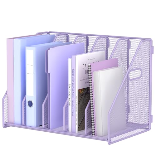 MINDEPOT Desk File Organizer Metal Desk Magazine Folder Holder with 5 Vertical Compartments Rack File Organizer for Office, Home, School (Purple) - color: Purple
