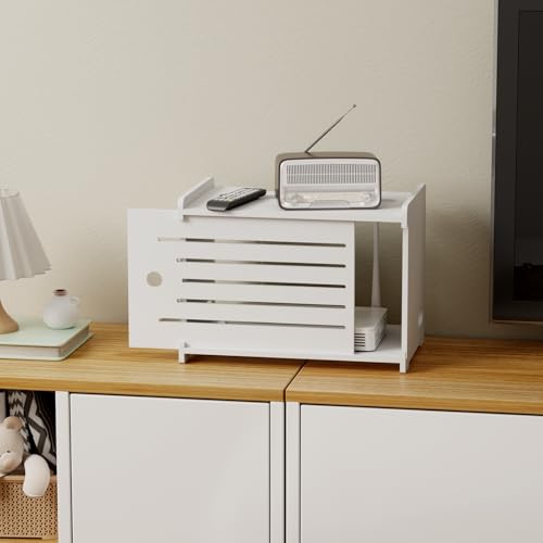 Wooden WiFi Router Storage Box Hider Shelf, Decorative Projector Box Hider Rack Countertop, for Cable, Modem, Internet, Router Power Cover Storage Organizer Cabinet Wall Mounted, Solid Wood - color: White, size: Large