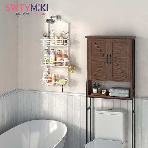 SWTYMIKI Shower Caddy Hanging Organizer - 3-Tier Rustproof Shower Organizer Over Showerhead with Adjustable Baskets, 24 Hooks, Soap & Razor Holder - No Drill Large Bathroom Storage Rack, White - color: White