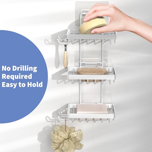 Moforoco 3-Tier White Soap Bar Holder for Shower, No Drilling, 304 Stainless Steel, Wall Mounted Soap Holder with 4 Hooks and Razor Holder, Shower Rack Soap Tray Bar Soap for Bathroom Accessories - color: White, size: 3-T