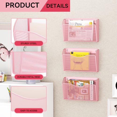 3 Single Pocket Wall File Holder, Mesh Hanging File Folder Paper Organizer, Vertical Wall Mounted Mail Basket, Storage Organization Magazine Rack for Office, Home and School, Pink - color: Pink, size: 3 Pack Wall Mounted