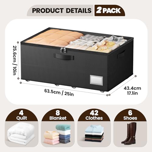 Dayacoco Underbed Storage with Wheels, 2 Pack Under Bed Storage Containers with Clear Lids, No Assembly Required 10.1 inch Rolling Under Bed Storage for Clothes, Blankets - size: 10.1 inch height-black