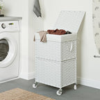 Chrislley 90L Slim Laundry Hamper with Wheels, Rolling Laundry Basket with Lid and Renovable Liner Bag, Handwoven Rattan Organizer for bedroom, bathroom, laundry room (White) - color: White