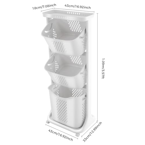 Laundry Basket 3 Tier with Wheels, Stackable Clothes Hamper Organizer, 55LBS Load Rolling Storage Cart for Bedroom, Bathroom, Laundry Room, Dormitory, White