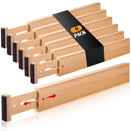 Fabsome Drawer Divider 6 Pack, Bamboo Kitchen Dividers Organizers Adjustable 17''-22'', Wooden Dresser Separators for Nursery Organization Clothes Socks Underwear Baby Clothing, with Soft Foam Ends - size: For 17-22in deep drawers inner size