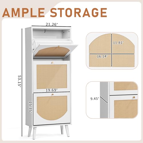 Karl home Shoe Rack Storage Organizer, Rattan-Panel 3-Tilt-Out Shoe Storage Cabinet, Hidden Shoe Storage for Entryway,Ideal for Heels,Slippers,Casual Shoes, White - color: White, size: 3-Tilt-Out