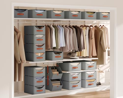 Homsorout Stackable Storage Drawers - Collapsible Storage Bins with Drawers, 4 Pack Closet Shelf Organizer Basket, Fabric Pull Out Organizer for Bedroom, Living Room, Dorm, Grey - color: Gray, size: 13.7 Inch. - 4 Pack