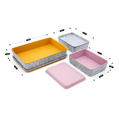 Welaxy Lidded Felt Drawer Organizer Bin with lids Desktop Stackable Organizer Storage box for crafts office supplies pen notes Junk Makeup Stationery Organize 3-Pack ( Curry+Dusty rose +Glacier gray) - color: Curry+Dusty rose +Glacier gray
