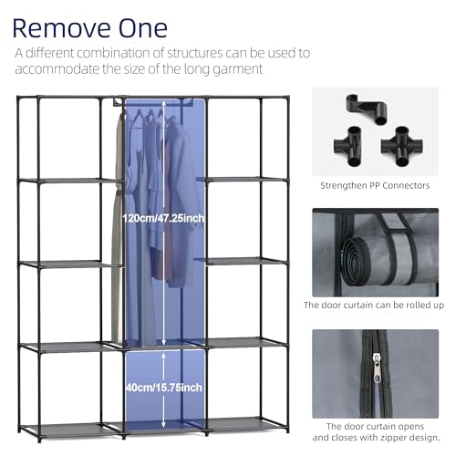 Portable Closet, Wardrobe Closet with 10 Storage Shelves and 2 Hanging Rods, Non-Woven Fabric Cover, 52.4 x 18.1 x 66.6 Inches Closet Organizer for Bedroom, Gray - size: Large