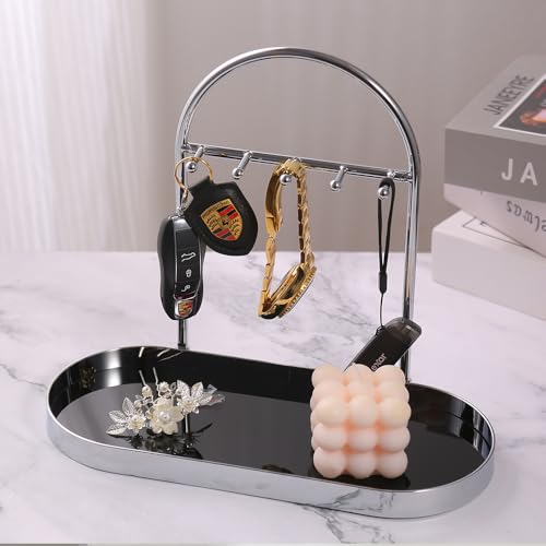 Shinpuru Metal Jewelry Organizer Stand & Key Holder Tray with Acrylic Base, Key Stand and Jewelry Tray with 5 Hooks, Perfect Key Bowl, Valet Key Tray, Ring Holder, Jewelry Dish (Silver Black) - color: Silver Black