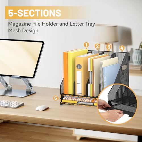 DALTACK Magazine File Holder, 4 Vertical Compartments Rack Binder Organizer with Paper Tray, Metal Magazine Organizer for Office, Home, School (Black) - size: 4Rack