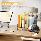 DALTACK Magazine File Holder, 4 Vertical Compartments Rack Binder Organizer with Paper Tray, Metal Magazine Organizer for Office, Home, School (Black) - size: 4Rack