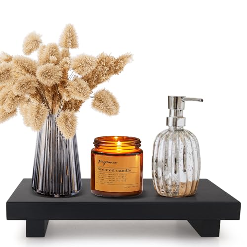 Black Wooden Bathroom Tray Decorative Kitchen Countertop Trays Farmhouse Wood Riser Pedestal Stand Dish Soap Dispenser Holder for Kitchen Counter Bathroom Sink Organizer Accessories Decor Vanity Tray - color: Black, size: 10" x 6" x 1.6"