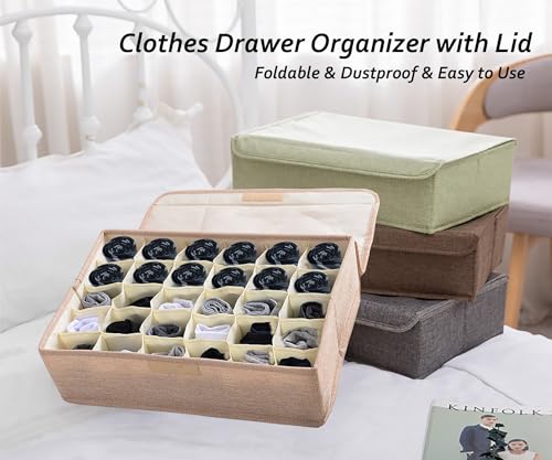 AARAINBOW 2 Packs Underwear Socks Ties Storage Organizer with Lids Foldable Closet Drawer Organizer 60 Cells, Fabric Drawer Wardrobe Divider Storage Boxes for Scarves and Lingerie (30 Cell, 2 Beige) - color: Beige, size: 2*30 Cells