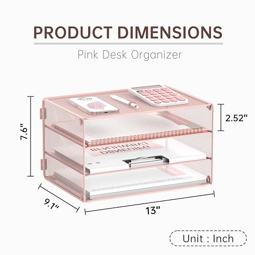 DALTACK 3 Tier Letter Tray Paper Organizer for Desk, Mesh Metal Desk File Organizer with Sliding Trays for Letter/A4 Paper, Mail, Bills & Folders, Pink - color: Pink