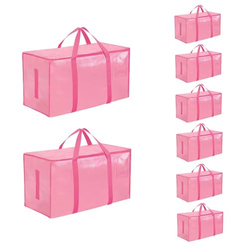 8 Pack-Extra Large Heavy Duty Moving Bags - Waterproof Storage Totes with Handles & Zippers, Foldable for College Dorm, Storage (Pink) - color: Pink, size: 8