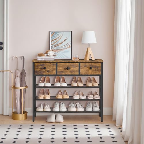 YATINEY 4-Tier Shoe Rack with 3 Drawers, Metal Shoe Organizer for 15 Pairs with Storage Shelves and Wooden Top, for Entryway, Hallway, Foyer, Closet, Rustic Brown and Black SS34BR - color: Rustic Brown + Black, size: 4 Tiers (31.2"H)