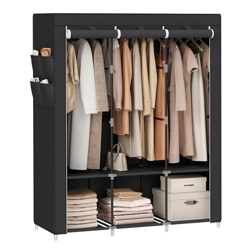 SONGMICS Portable Closet, Wardrobe Closet Organizer with Cover, 3 Hanging Rods and Shelves, 4 Side Pockets, 51.2 x 17.7 x 65.7 Inches, Large Capacity for Bedroom, Living Room, Ink Black URYG092B02 - color: Ink Black, size: 3 Tiers（51.2"L）