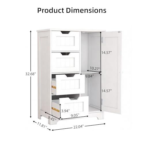 Casaphoria Bathroom Storage Cabinet with Drawers, Freestanding Floor Cabinet with Door and Adjustable Shelf, 4-Drawer Sideboard for Bathroom, Living Room, Kitchen, White - size: 22.04"L×11.81"W×32.68"H