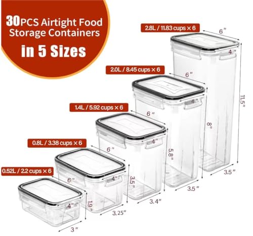 PRAKI 30 Pack Airtight Food Storage Containers for Kitchen Pantry Organizers and Storage, Plastic Kitchen Storage Canisters with Lids,Cereal, Flour & Sugar Containers - Labels, 6 Spoon & Marker - color: Black-30 Piece