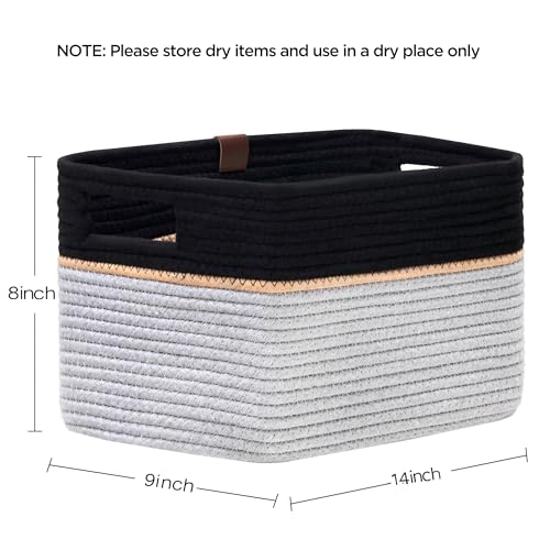 UBBCARE 4 Pack Baskets for Organizing, Woven Storage Baskets with Label for Toys and Towel, Rectangle Cotton Rope Basket with Handles, 14''L x9''W x8''H, Black&Grey - color: Black&Grey, size: 4 Pack - 14 X 8 X 9 Inches