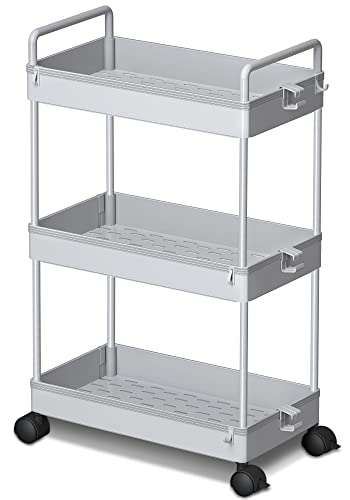 Ronlap 3 Tier Slim Rolling Storage Cart with Wheels Plastic Utility Cart Organizer for Snack Craft Art Postpartum Baby Diaper Nail Makeup in Bathroom Laundry Room Kitchen Bedside Narrow Space, Grey - color: Gray
