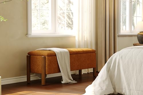 Modern Storage Benches with Walnut Wood Legs, 47'' Ottoman Bench with 20 Gallons Storage Space for Bedroom End of Bed, Fabric Upholstered Entryway Bench with Seating for Livingroom, Orange - color: Orange