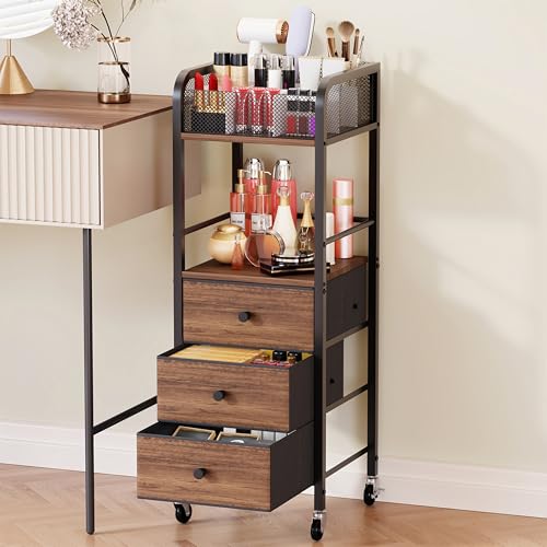HapiRm Rolling Makeup Cart Organizer - Floor Skincare Make Up Storage with 3 Non-woven Fabric Drawers, Vanity Organizer Cosmetic Display Cases Holder for Skin Care Perfume Nail Polish Brush Hair Tool - color: Black