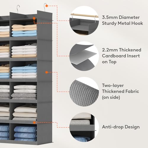 Lifewit Dual-Row Shelf Hanging Closet Organizer and Storage, Clothes Shelves with 3 Sturdy Hooks for Clothing Organization, Foldable Container Hold Up to 30 Sweaters, 5 Tier 10 Sections, Gray - color: Grey, size: 5-Tier