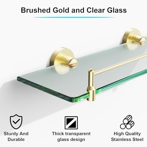 Glass Bathroom Shelves,Brushed Gold Floating Shelves for Wall Rectangular Modern Stainless Steel Glass Shelf for Bathroom Shelves Wall Mounted 16 Inch - color: Brushed Gold, size: 16"with railing