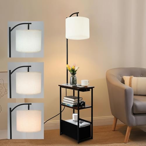 Floor Lamp with Table, Narrow Side Table with Fabric Basket, USB-A/USB-C Charging Station and AC Port, 3 Color Temperatures 12W LED Bulb, End Table for Bedroom, Living Room and Home Office, Brown - color: Brown