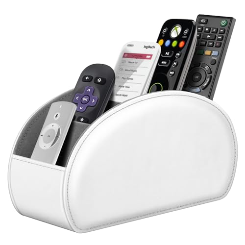 Fintie Remote Control Holder, 5 Compartments Vegan Leather TV Remoter Caddy Desktop Organizer Makeup Brush Holder Storage Fits TV Remotes, Media Controllers, Office Supplies(White) - color: White