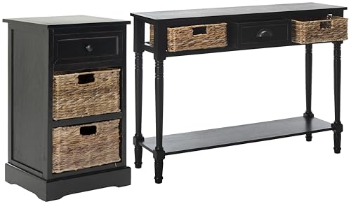 SAFAVIEH Home Collection Carrie Distressed Black/ Natural Wicker 3-Drawer Storage Nightstand Side Table (Fully Assembled) - color: Distressed Black