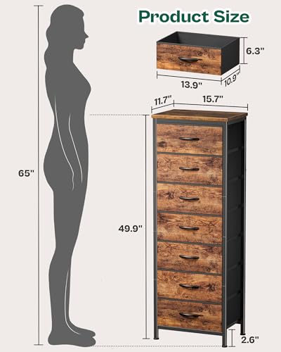 Huuger Tall Dresser for Bedroom, 7 Drawer Dresser & Chests of Drawers, Fabric Drawer for Closet, Bedroom, Night Stand, Metal Frame, Storage Tower with Fabric Bins, Rustic Brown - color: Rustic Brown, size: 50.0inch(7 Drawers)