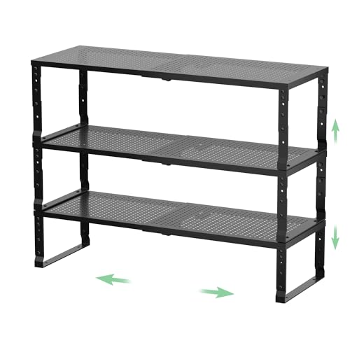 Metal Stackable Expandable Storage Rack, Adjustable Under Sink Shelf & Countertop Space Saving, Heavy-Duty Pantry Storage, Suitable for Kitchens, RV, Bathrooms, Workshops or Offices - color: 3packs/Large/Black, size: Large