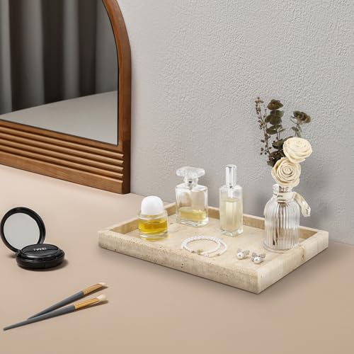 Real Natural Travertine Tray for Bathroom, Vanity, Kitchen and Desktop, Rectangle Genuine Travertine Stone Tray for Jewelry, Cosmetics, Candles, Lotion, Perfume and Home Decor - color: Travertine, size: 12" x 8" x 1.2"