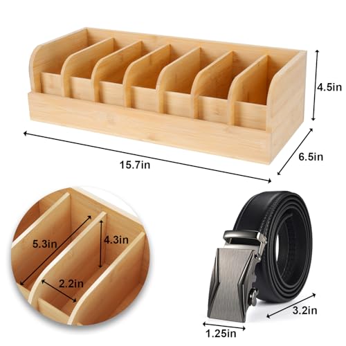 GTI Belt Organizer, 7 Compartments Belt Organizer for Closet and Drawer, Bamboo Display Case for Tie and Belt, Belt Storage Organizer for Men Women (Wooden) - color: Wood, size: 7 Compartments