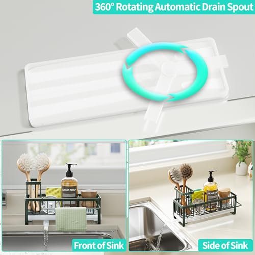 HapiRm Sponge Holder for Kitchen Sink - Self-draining Sink Caddy with Brush and Dishcloth Holders, Stainless Steel Kitchen Organizer for Countertop - Green - color: Green, size: with Dishcloth Holder