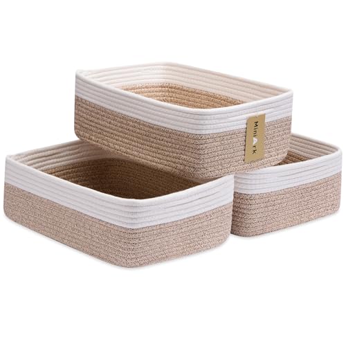 MiniArk Large Shallow Organizing Baskets 15x11x5.1 Inches - Rope Woven Storage Bins for Bathroom, Shelves, Cube Closet, White Mixed Brown 3 Packs - color: Off White & Mixed Brown, size: 3pcs-L15×W11×H5.1"