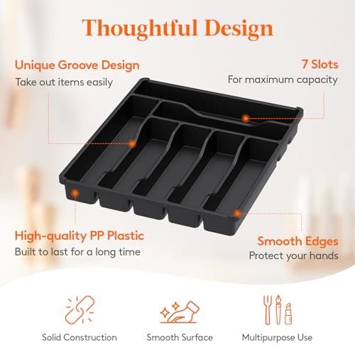 Lifewit Silverware Drawer Organizer Tray, Plastic Cutlery Storage for Kitchen, Flatware and Utensil Holder Divider for Spoons Forks Knives Tableware, 12.3 x 14.2", 7 Slots, Black - color: Black, size: 12.3 x 14.2 inch (7 Slots)