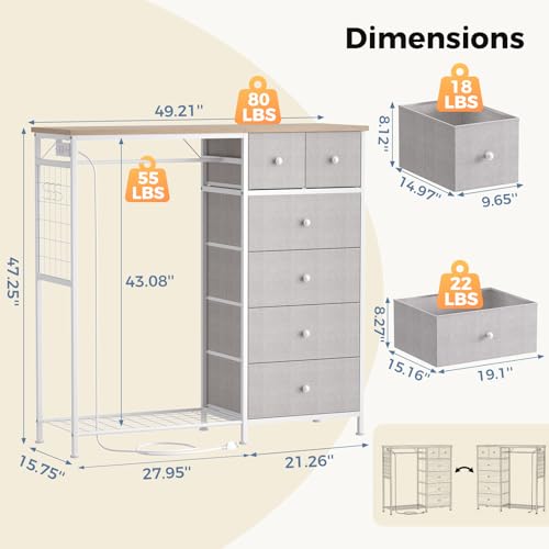 DUMOS Dresser for Bedroom with Hanging Rack, 6 Drawer Fabric Dresser with Charging Station and LED Lights, Closet Organizer & Storage Tower for Living Room, Entryway, Apartment, Light Grey - color: Light Grey, size: 15.8"D x 47.2"W x 49.2"H (6 Drawers)