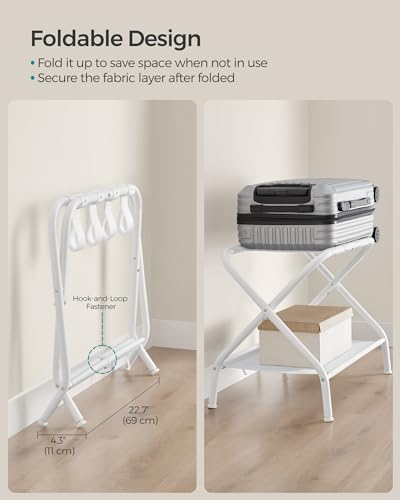 SONGMICS Luggage Racks, Set of 2, Suitcase Stand with Fabric Storage Shelf, for Guest Room, Bedroom, Hotel, Foldable, Holds up to 110 lb, 27.2 x 15 x 20.5 Inches, Cloud White RLR002W02 - color: Cloud White, style: with Shelf