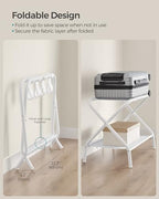 SONGMICS Luggage Racks, Set of 2, Suitcase Stand with Fabric Storage Shelf, for Guest Room, Bedroom, Hotel, Foldable, Holds up to 110 lb, 27.2 x 15 x 20.5 Inches, Cloud White RLR002W02 - color: Cloud White, style: with Shelf