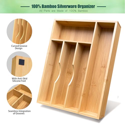 guiogc Bamboo Silverware Drawer Organizer, Silverware Organizer, Silverware Utensil Tray Holder and Cutlery Tray for Flatware and Kitchen Utensils - size: 9.85"Wx13.65"D (5-Slots)