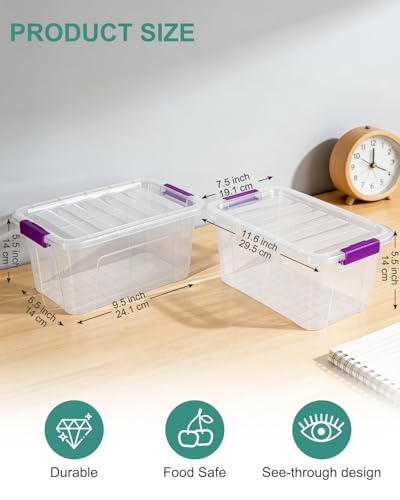 EOENVIVS Clear Storage Bins with Lids 6 Pack, 7 Qt Stackable Storage Containers with Buckle Lock, Durable Plastic Containers & Storage Box Organizer for Pantry, Bathroom, Closet & Office Use - color: Clear+Purple