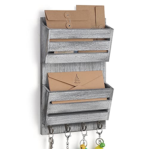 BTY Mail Sorter Wall Mounted, Wooden Mail Holder with 4 Key Hooks, 2 Slot Letter Bills Newspaper Magazine Organizer for Entryroom Hallway Office Garage, Gray White - color: Gray White