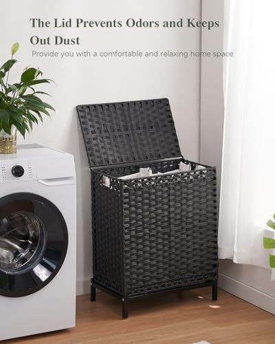SETVSON Laundry Hamper with Lid, 112 L Handwoven Rattan Wicker Laundry Basket, 2 Removable Liner Bags Metal Heightened Feet, 6 Mesh Bags, 2 Section Large Clothes Hamper for Bathroom Bedroom, Black - color: Black, size: 112 L - 29.6 gal